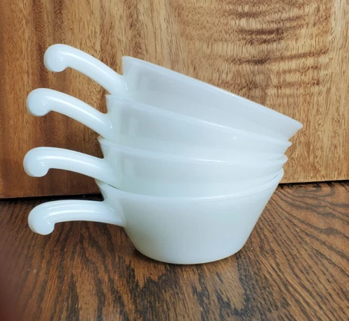 Fire King Anchor Hocking White Milk Glass Soup Chili Bowls with Handle Set of 4