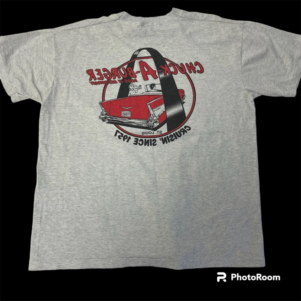 Vtg 80’s BEST Heather CHUCK A BURGER Front Back Cruisin MUSCLE CAR 50/50 T Shirt - Image 3 of 4