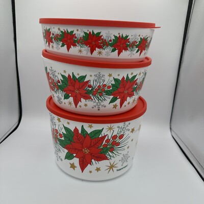 Tupperware Christmas Poinsettia Ilumina Stack n Store Set Of 3 New Poinsettias 