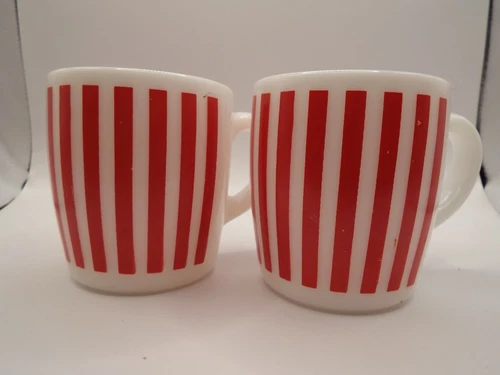 Hazel Atlas Red & White Stripe Coffee Mugs (2) Vintage Milk Glass MCM Vintage