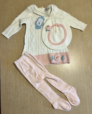 Baby Girls Bernie & Charlie 3-6mo Knit Set Tights Sweater Cap Pink White NEW