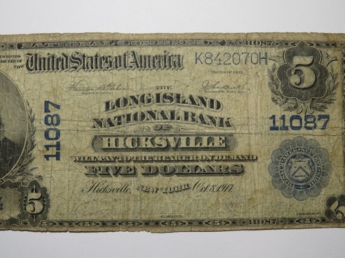 $5 1902 Hicksville New York NY National Currency Bank Note Bill Ch. #11087 RARE - Picture 2 of 3