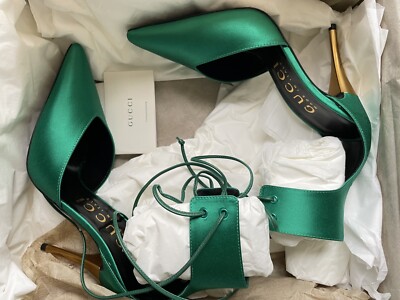 GUCCI Priscilla Emerald Green Satin Strap Gold Stiletto Heel IT 37