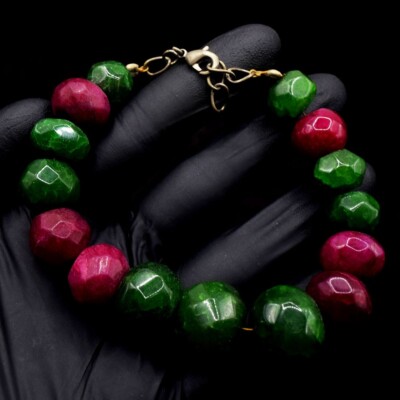 Facettierter grüner Smaragd & rosa Rubin 328,00 kt Perlen funkelndes Armband VK 05 E621