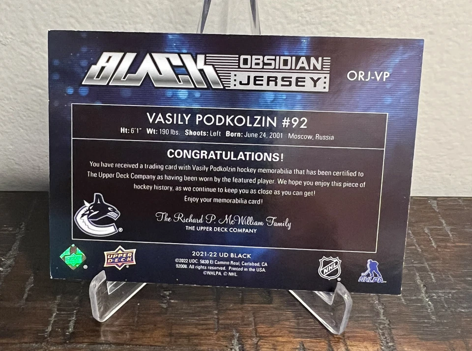 2021-22 UD SPX VASILY PODKOLZIN BLACK OBSIDIAN ROOKIE JERSEY/399 CANUCKS - Image 2 of 2
