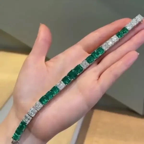71 ct Princess Cut Green Emerald & Diamond 14K White Gold Plated Tennis Bracelet - Image 3 of 4
