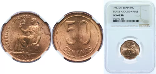 Spain 1937 50 Centimos Brass 90 copper 10 zinc NGC MS 64