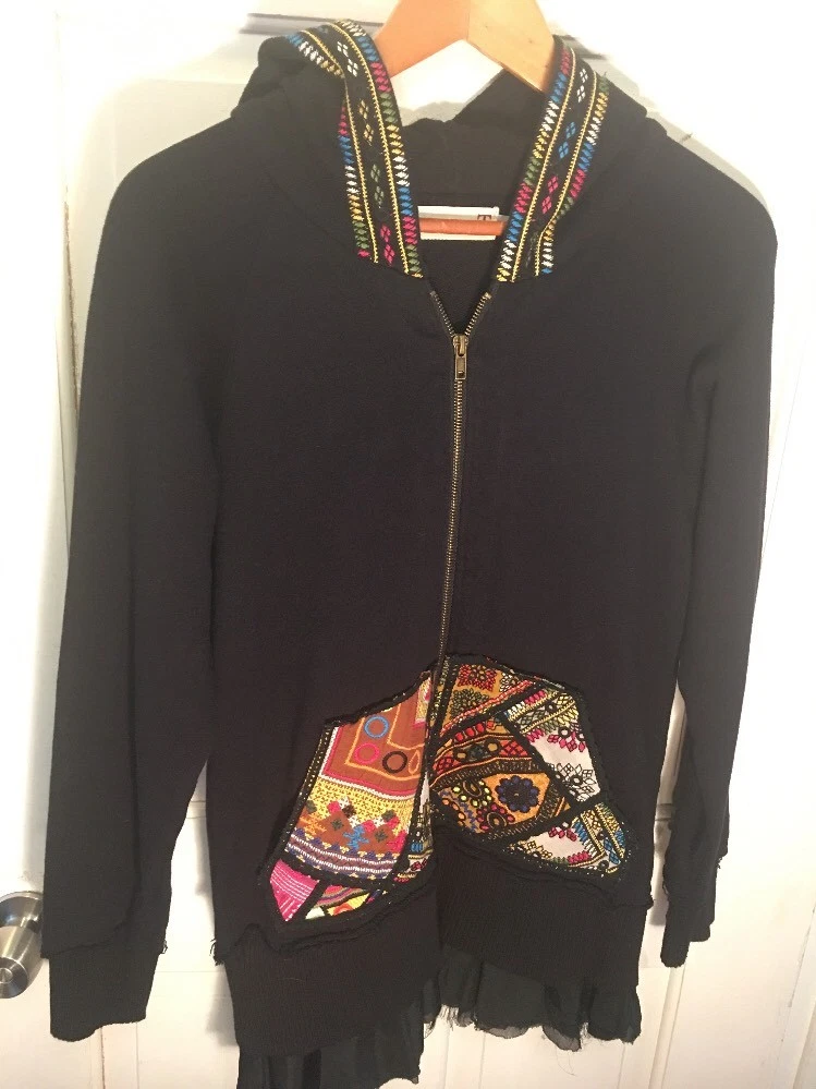 112. 4 LOVE AND LIBERTY BY JOHNNY WAS Peplum Hoodie Black Embroidered M