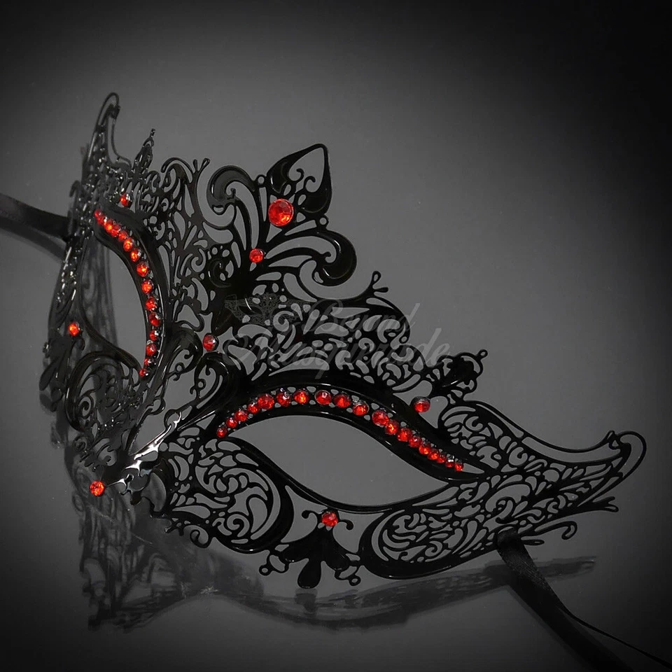 Luxury Filigree Metal Venetian Masquerade Mask for Women Black - Red Rhinestones - Image 4 of 4