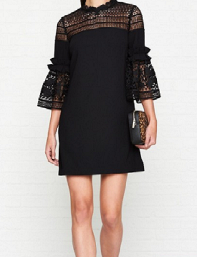 TED BAKER Black LUCILA Lace Ruffle Bell 3/4 Sleeve Side Pocket Shift 1 TB  US 2/4 | eBay