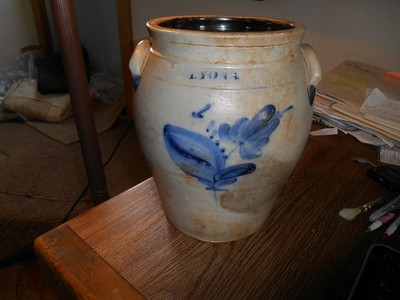 Lyons Stoneware Crock Cobalt Blue Decoration Flowers New York