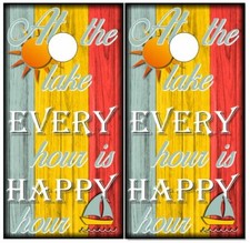 At The Lake Happy Hour Wood LAMINATED Cornhole Wraps Bag Toss Skin Decal