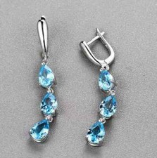 Pear Cut Lab Created Blue Topaz Drop Dangle Earrings 14K White Gold Plated
