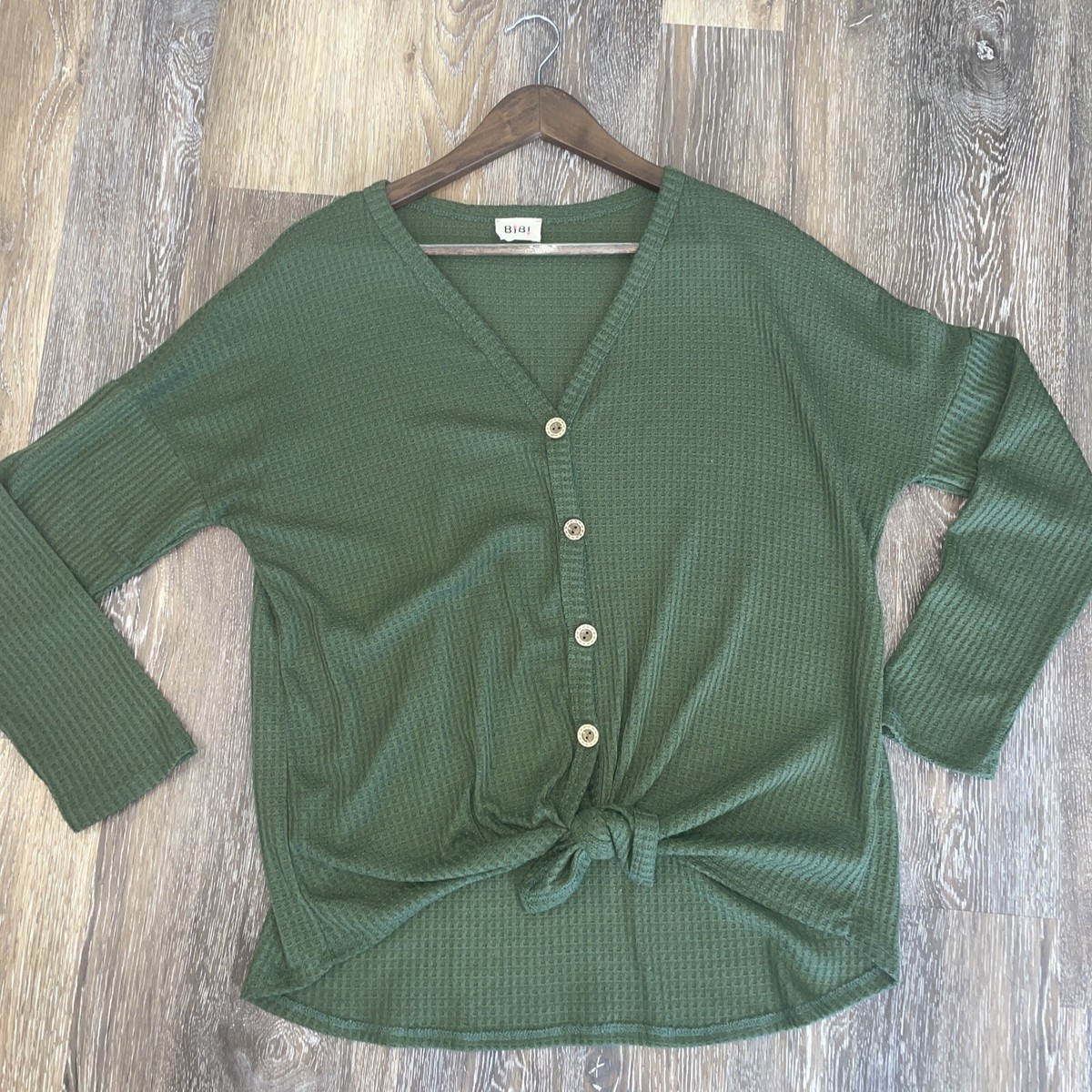 Bibi Women's M Green Tie Front Long Sleeve Waffle Knit