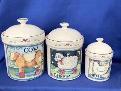 Vintage Susan Winget Canister Set 3 Cookie Jar Coffee Tea Cow Sheep Hen  sj11m1