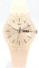New Swiss Swatch ROSE REBEL Pale Pink Silicone Day-Date Watch 40mm SUOT700 $85
