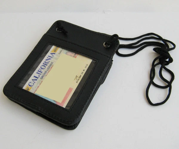 Black Leather ID Badge Card Holder Wallet Neck Strap Travel Work Lanyard - Image 3 of 4