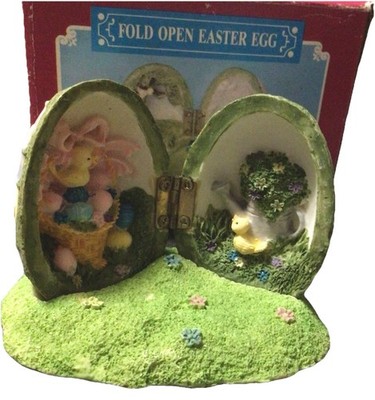 VTG Hinged Egg Diorama on Stand Spring Chicks Easter Eggs Basket Water Can Resin