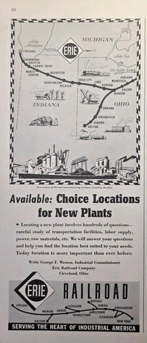 Mapa de ruta del ferrocarril de Erie elección ubicaciones de plantas anuncio impreso vintage 1942 - Imagen 1 de 4