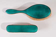 Antique Vtg Emerald Green Guilloche Enamel Copper Hair Brush Clothes Brush Set