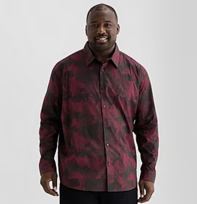 Shaquille O'Neal XLG Mens 4XLT Burgundy Camo Houndstooth Button Down Shirt NWT
