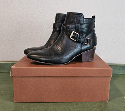 Coach Pauline Black Leather Block Heel Booties Boots Buckle Original Box 7.5 B