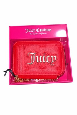 Juicy Couture Red Mini Wallet Zip Card Holder Coin Purse Keychain NWT Gift Box