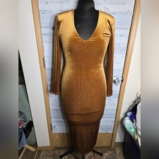 Good American Gold Velvet Long Sleeve Ribbed Bodycon Midi Dress