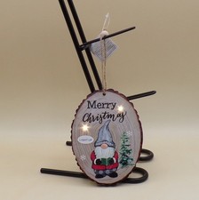 Merry Christmas Gnome LED Wood Bark Ornament 7.75" x 3.5" x .25" New Ganz