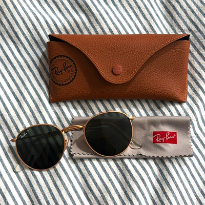 Ray-Ban Round Metal Sunglasses Gold Frame Green Polarized Glass Lenses