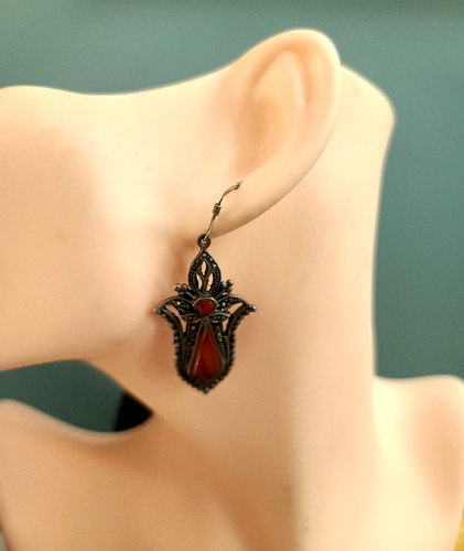 Art Deco Inspired Sterling Silver Carnelian Marcasite Drop Vintage Earrings