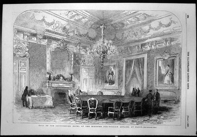 Antiker alter Druck Hotel Außenminister Pariser Saal Konferenzen 1856
