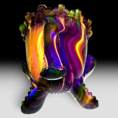 Boyd Glass Toothpick Holder 1999 Forget Me Not Autumn Harvest UV GLOWS OOAK 1830