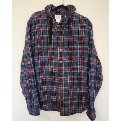 LL Bean Mens Hooded Flannel Shacket Large Plaid Hooded Snap Buttons Jacket