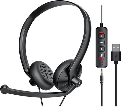 USB Headset with Microphone for PC Laptop - Wired Computer Headphones Black 