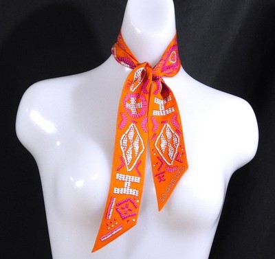 HERMES Twilly Scarf Orange Pink White 100% Silk Bag Handle D636