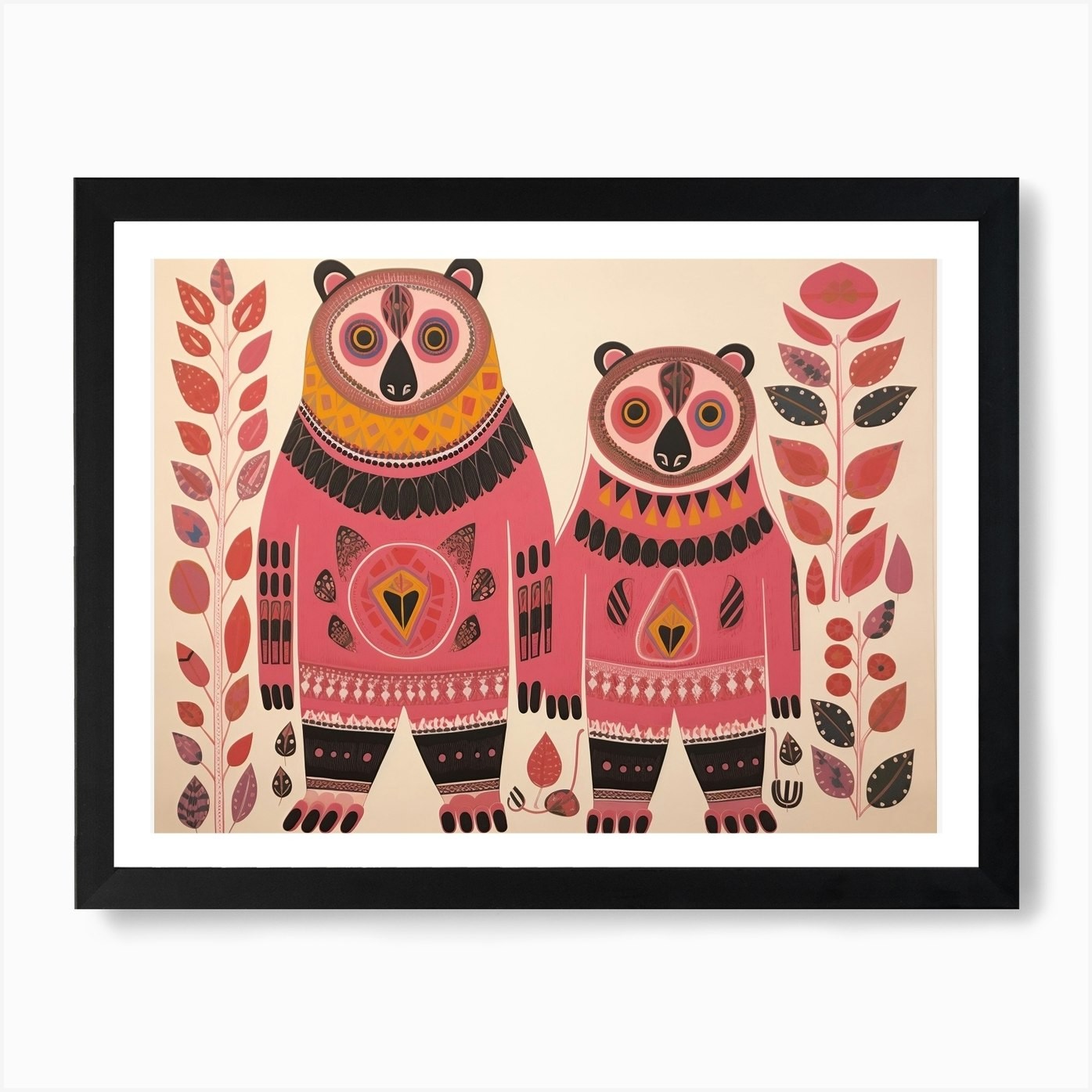 Grizzly Bear Folk Art Framed Canvas Wall Decor Print  
