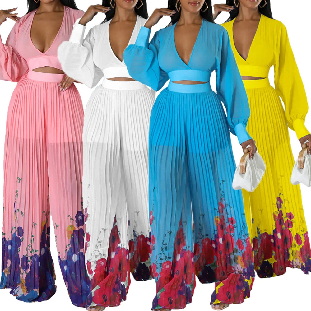 Evening Party Women V Neck Top Wide Leg Pants Two Piece Set