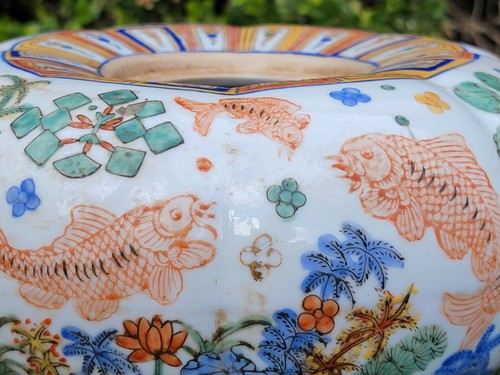 Vintage Chinese Wucai Squash Covered Fish Jar Honorific Jiajing Reign Mark - Picture 10 of 12