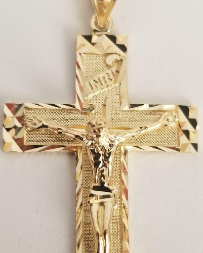 14K Solid Yellow Gold Religion Diamond Cut Jesus INRI Cross Crucifix Pendant - Picture 4 of 9