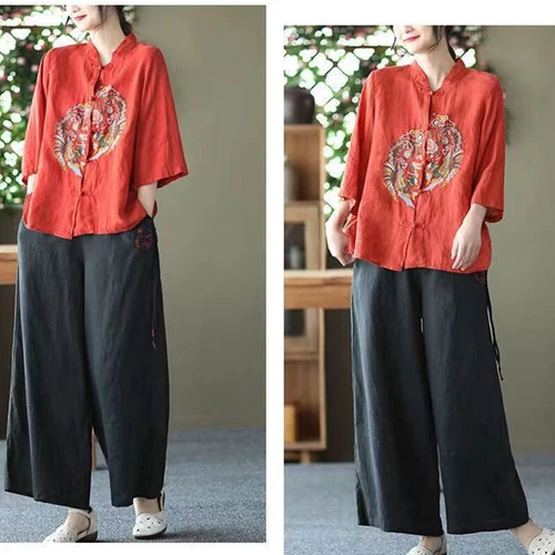 Chinese style cotton linen shirt embroidered top women's stand up collar party- - Bild 8 von 22