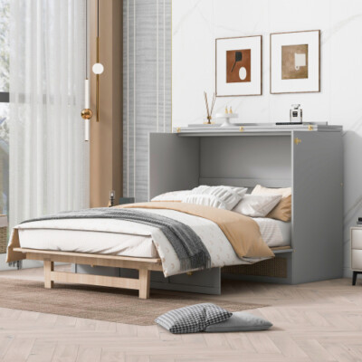 Full Queen Size Murphy Wall Bed w/ Storage Drawer Wood Murphy Chest Cabinet Bed 