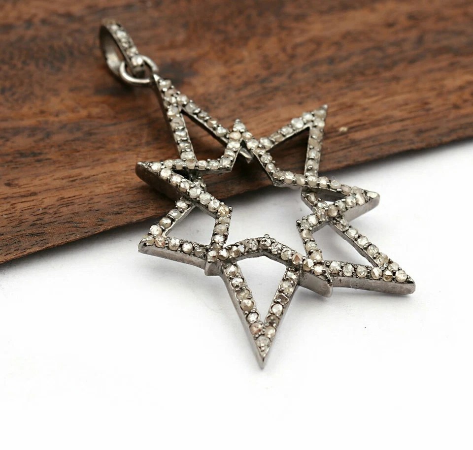 Pingente de estrela 925 prata pavê diamante estrela pingente colar pingente estrela dupla. - Imagem 3 de 4