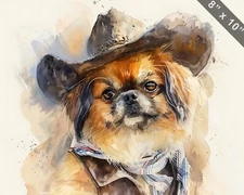 Pekingese dressed as a cowboy with a vest watercolor pai 8x10 Print