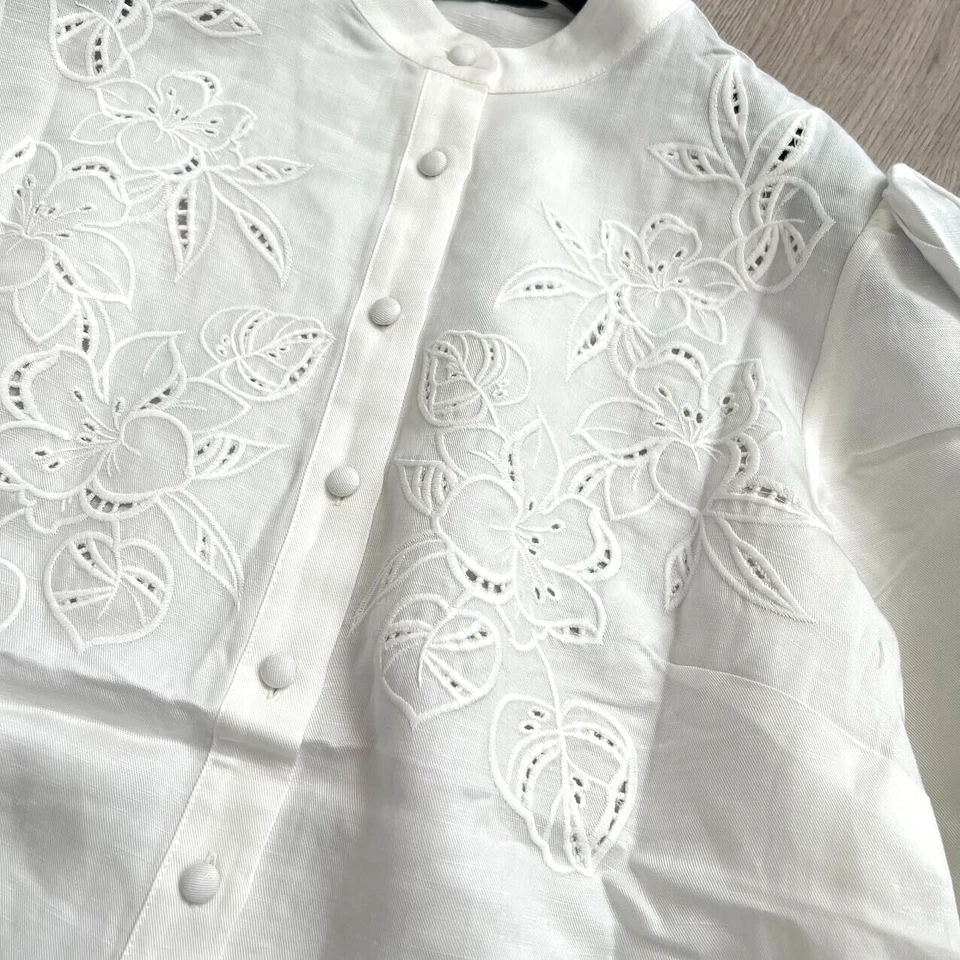 Новый без ценников Marciano Guess вышитая льняная смесь рубашка Puff рукав кремовый XXS как S-M - Изображение 4 из 4