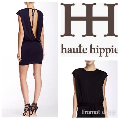 $395 Haute Hippie Short Sleeve Draped Dress Black Size L