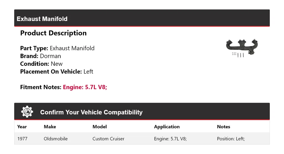 Colector de escape izquierdo Oldsmobile Custom Cruiser 1977 5,7 L V8 Dorman Foto 2 de 4