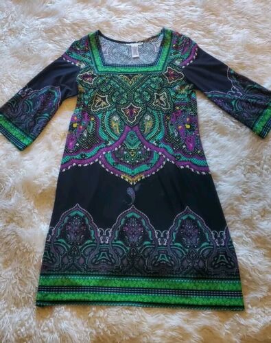 Madison Leigh Green Purple Paisley Print Boho 3/4 Sleeve Shift Dress Size 10