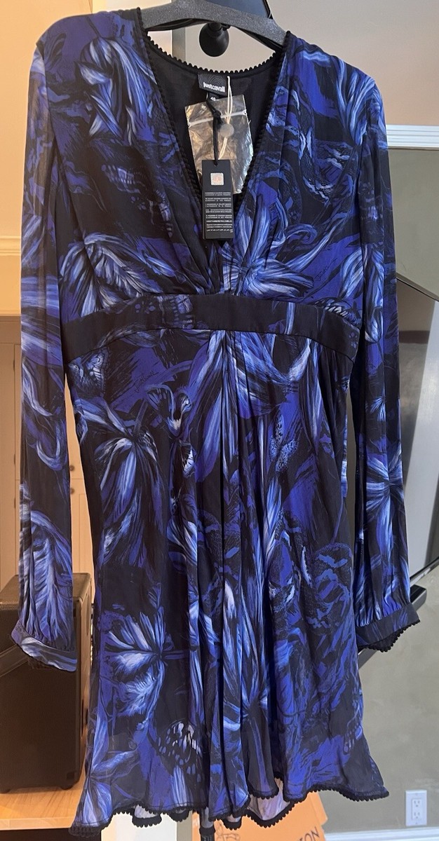 just cavalli blue dress NWT Stunning Blue/Black Print Lined Viscose Dress, 46, Side Zipper Color:C2 The deep side slit Stylish Beach Cover-Ups Short Dark Navy Blue