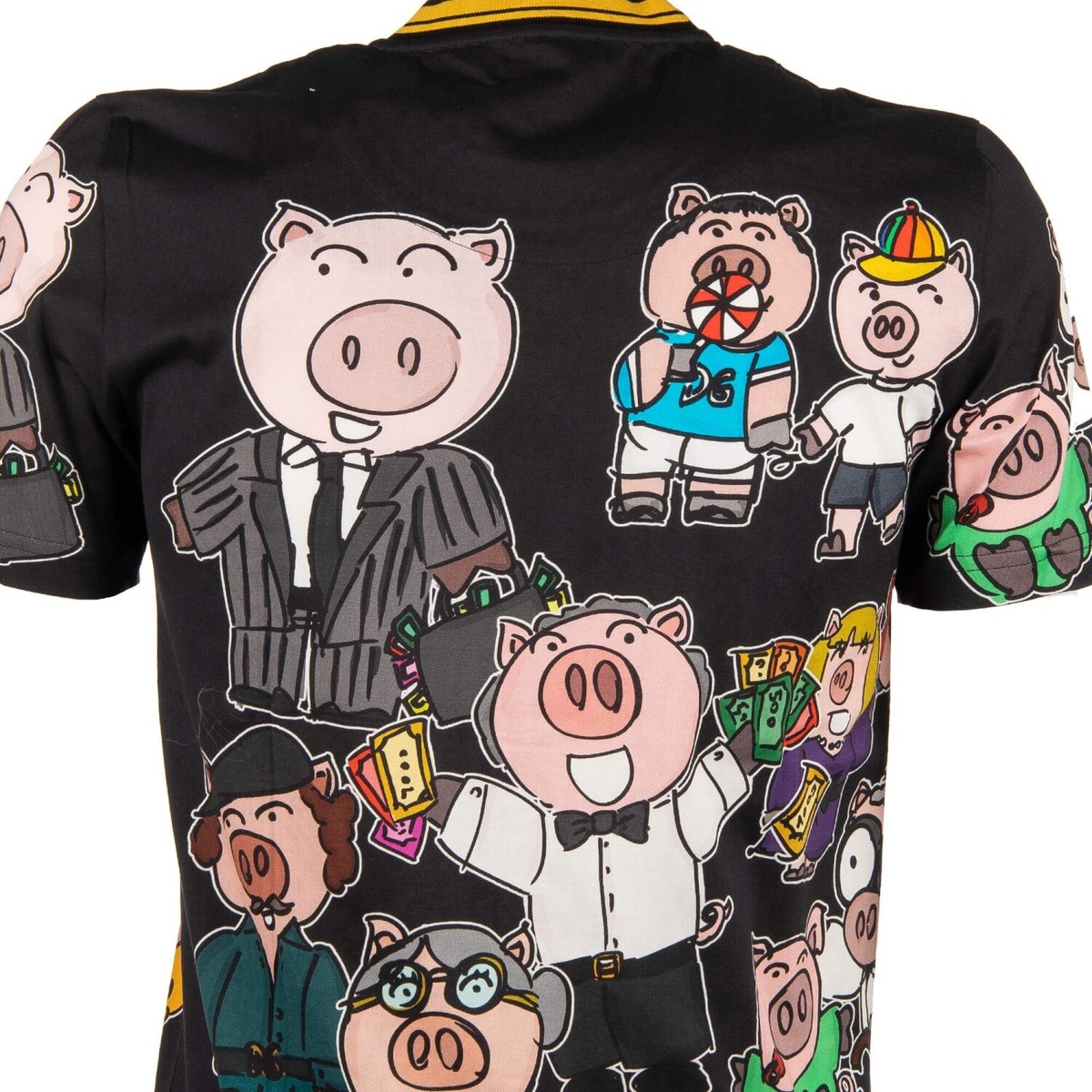DOLCE & GABBANA Pigs Printed Cotton T-Shirt with Logo Sticker